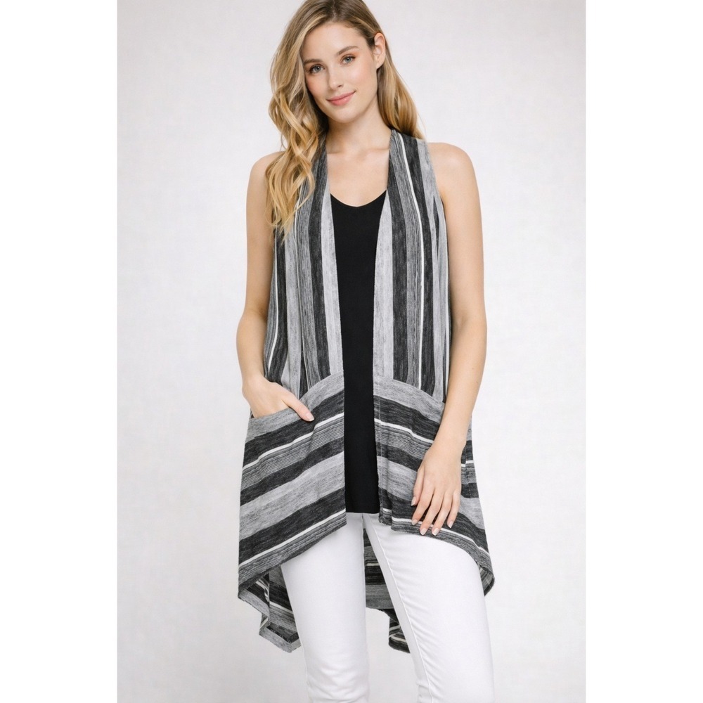 Sympli New Cutting Corners Black Wavy Stripe Pocket Knit Vest Sz 8 Lagenlook